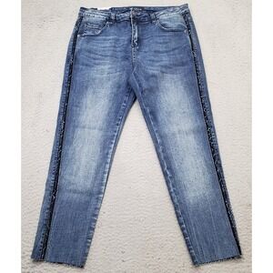 Bianco Jeans Womens Size 31 Blue Denim Stretch Whiskered Frayed Hem Straight Leg